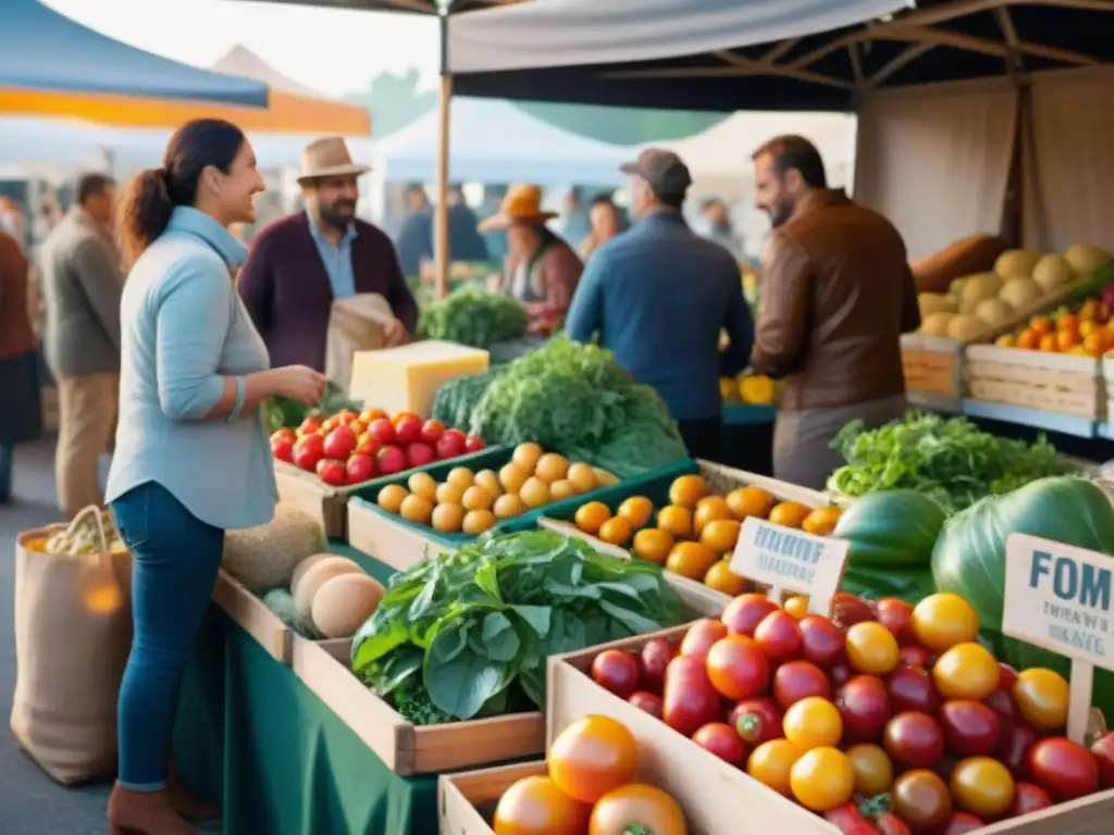 Un mercado agrícola bullicioso con productos frescos y coloridos