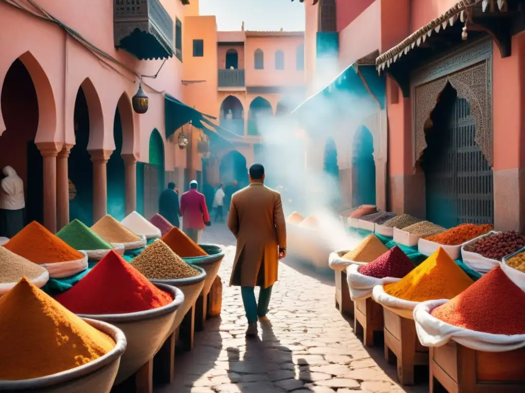 Un mercado bullicioso en Marruecos, con sabores y especias gourmet en contenedores coloridos, rodeado de turistas y locales regateando animadamente