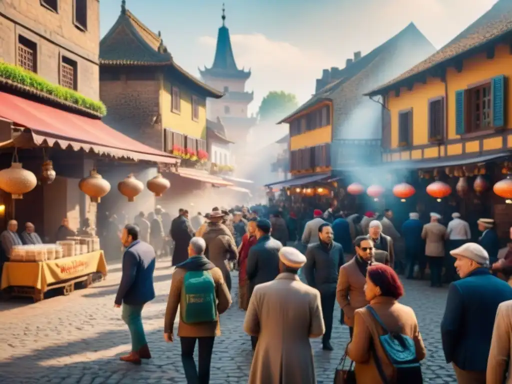 Mercado de café en plaza antigua, comerciantes de diversas culturas intercambian granos, rodeados de arquitectura histórica y coloridas banderas