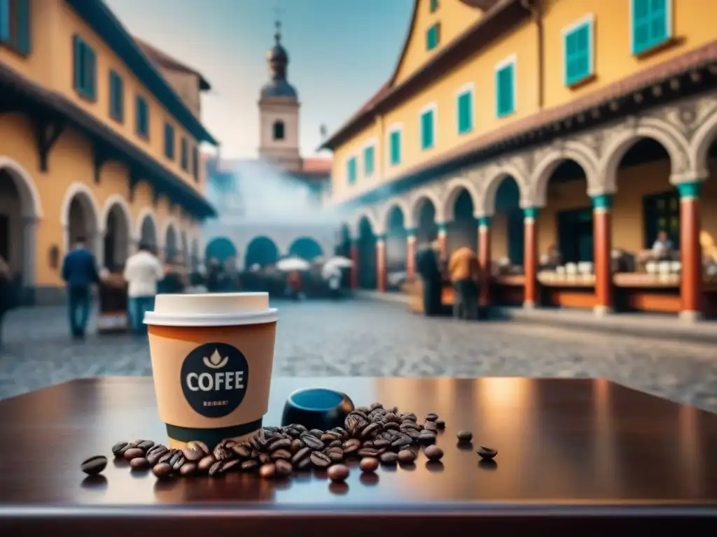 Mercado de café en plaza histórica, vendedores en atuendos tradicionales venden granos de café, rodeados de edificios ornamentados reflejando la historia del café en sociedades