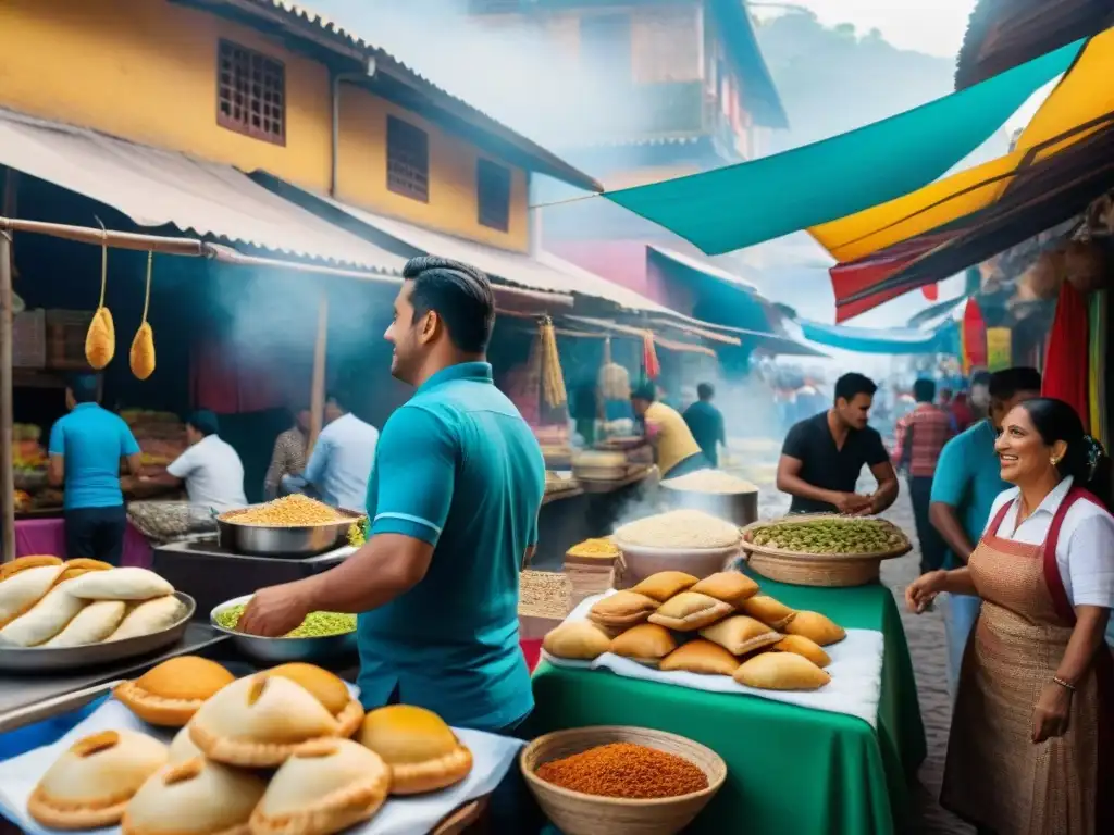 Un mercado callejero animado en América Latina, rebosante de comida tradicional y vendedores entusiastas