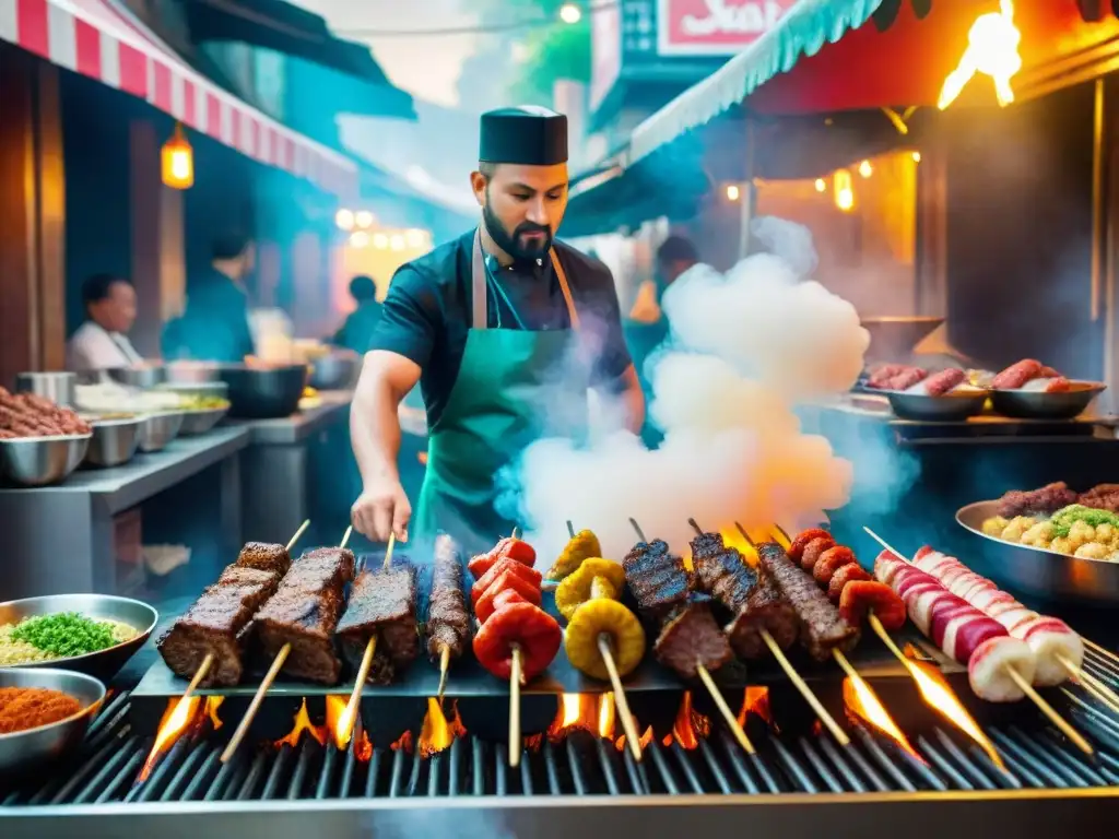 Un mercado callejero asiático bullicioso con deliciosos kebabs en parrillas abiertas, chefs hábiles y coloridas especias