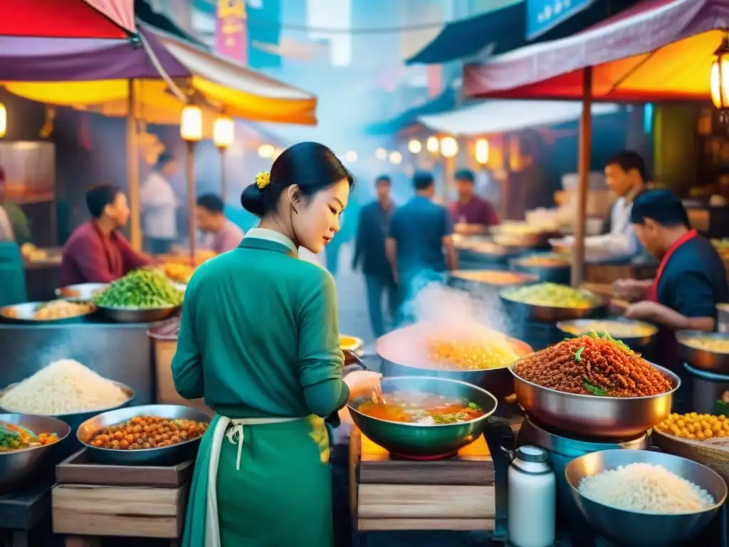 Un mercado callejero asiático bullicioso con vendedores de Sopas Callejeras Asiáticas Gourmet