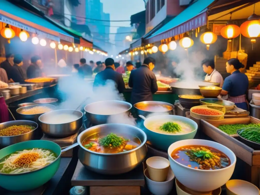 Un mercado callejero asiático bullicioso con sopas callejeras asiáticas gourmet y un chef experto sirviendo caldo humeante en un tazón
