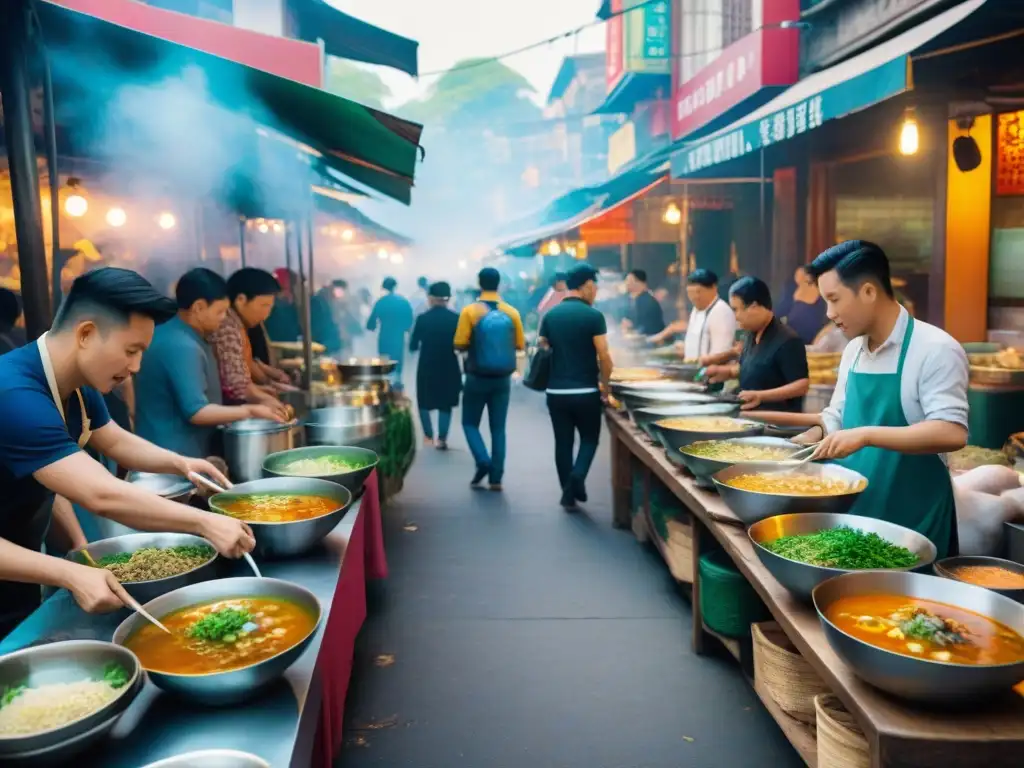 Un mercado callejero asiático bullicioso con vendedores de Sopas callejeras asiáticas gourmet y clientes disfrutando de la animada escena