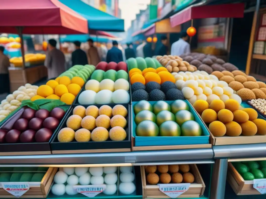 Un mercado callejero asiático bullicioso lleno de puestos coloridos vendiendo dulces callejeros asiáticos gourmet