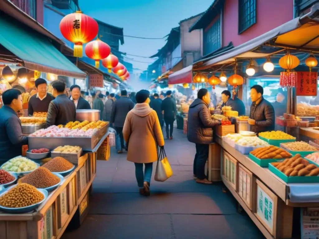 Un mercado callejero asiático bullicioso y colorido de noche, iluminado por luces de neón vibrantes