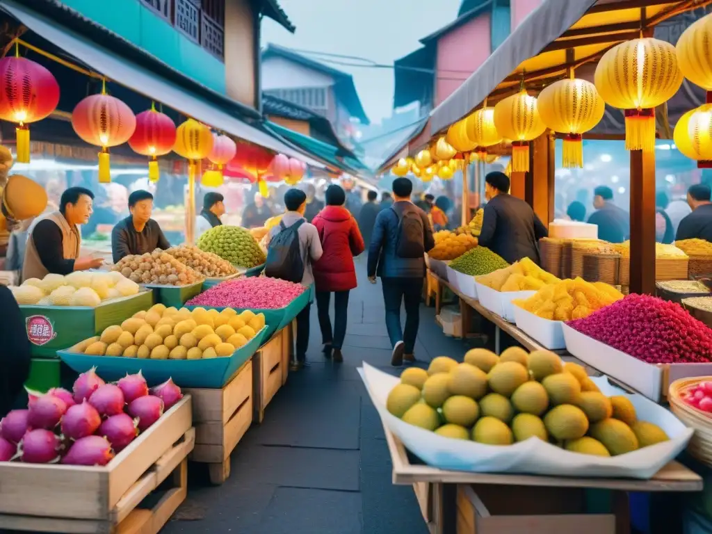 Un mercado callejero asiático lleno de vida con clientes disfrutando de dulces callejeros asiáticos gourmet