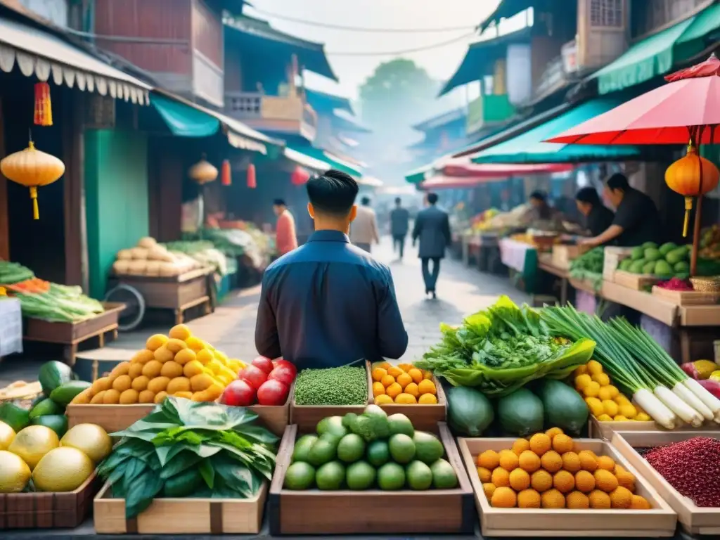 Un mercado callejero asiático vibrante y bullicioso, repleto de frutas, verduras y especias coloridas