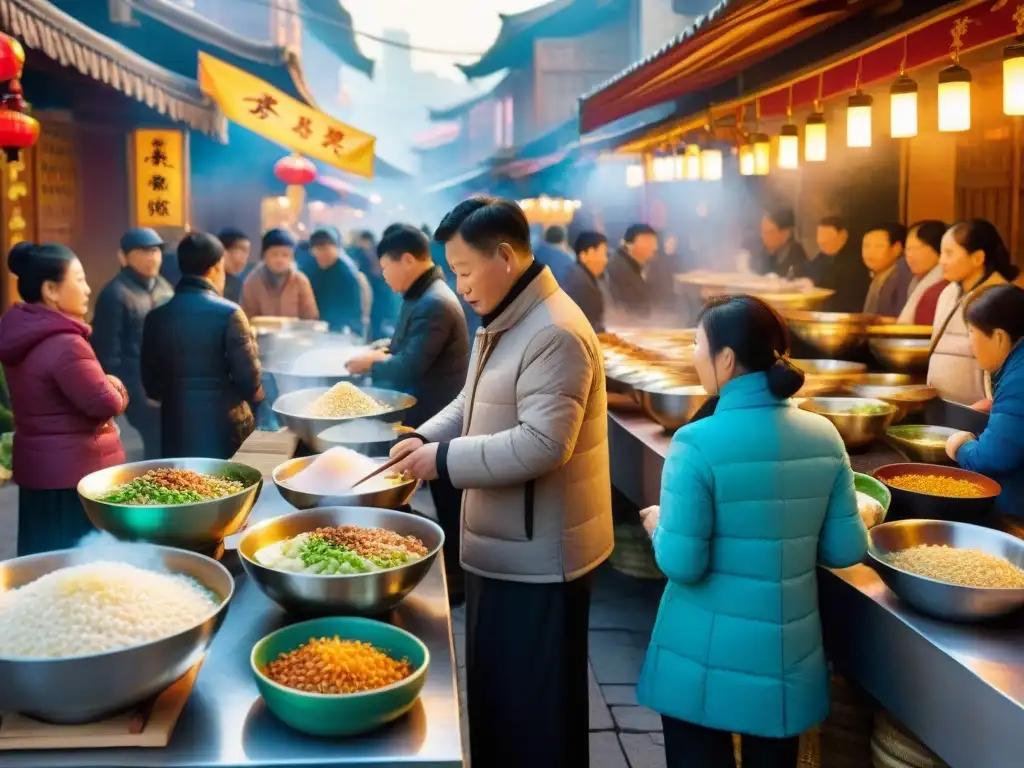 Un mercado callejero bullicioso en China al amanecer, donde se sirve congee desayuno campeón con toppings coloridos