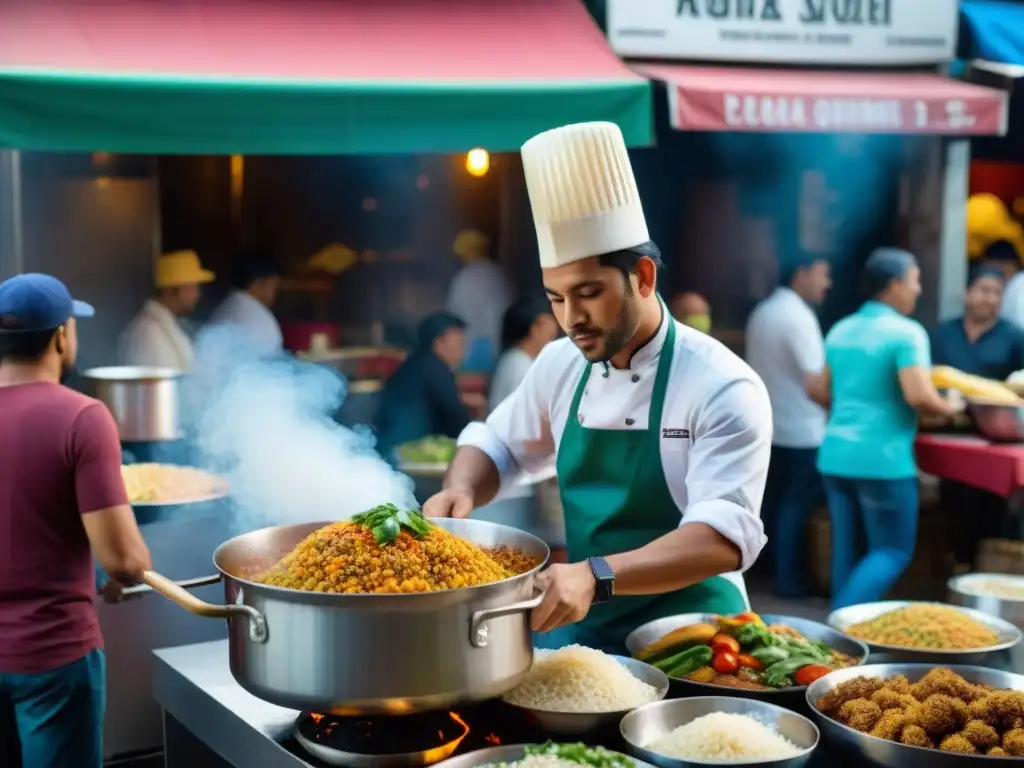 Un mercado callejero bullicioso en una ciudad latinoamericana, con puestos de comida coloridos atendidos por chefs callejeros latinos gourmet