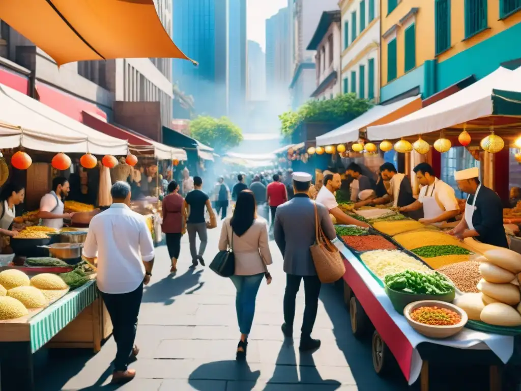 Un mercado callejero bullicioso con cocina de fusión, sabores y culturas vibrantes en una ciudad diversa