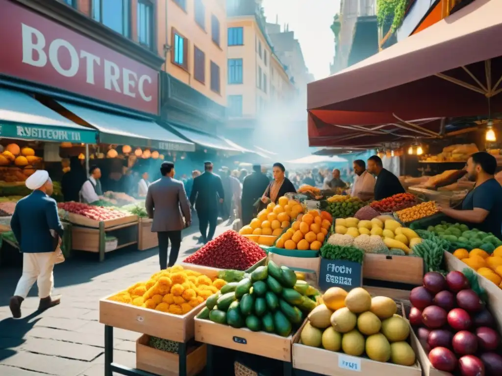 Un mercado callejero bullicioso con una fusión étnica en la gastronomía, repleto de colores y sabores del mundo