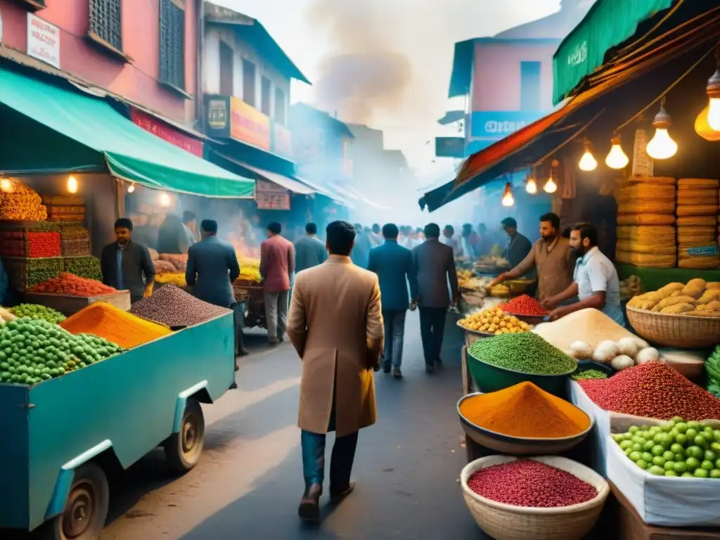 Un mercado callejero bullicioso en la India, con colores vibrantes y especias, frutas y verduras en exhibición