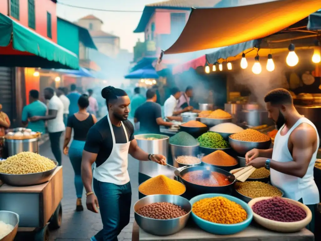 Un mercado callejero bullicioso de influencia africana en América Latina con coloridos puestos de comida y personas disfrutando de la fusión culinaria