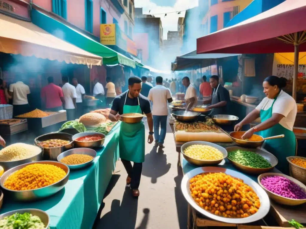 Un mercado callejero bullicioso en América Latina, con influencia africana en su comida callejera