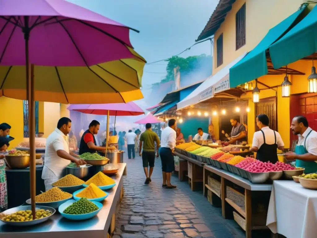 Un mercado callejero bullicioso en América Latina con ingredientes exóticos y vibrantes como la pitahaya, tuna, guanábana fresca y chiles coloridos