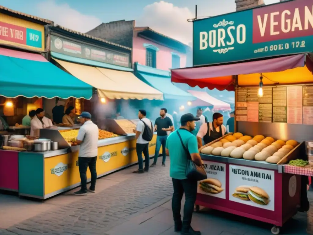Un mercado callejero bullicioso de América Latina, con una variedad colorida de comida callejera vegana
