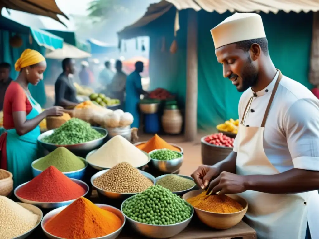 Un mercado callejero Swahili bullicioso, lleno de especias coloridas, productos frescos y vendedores locales preparando platos tradicionales