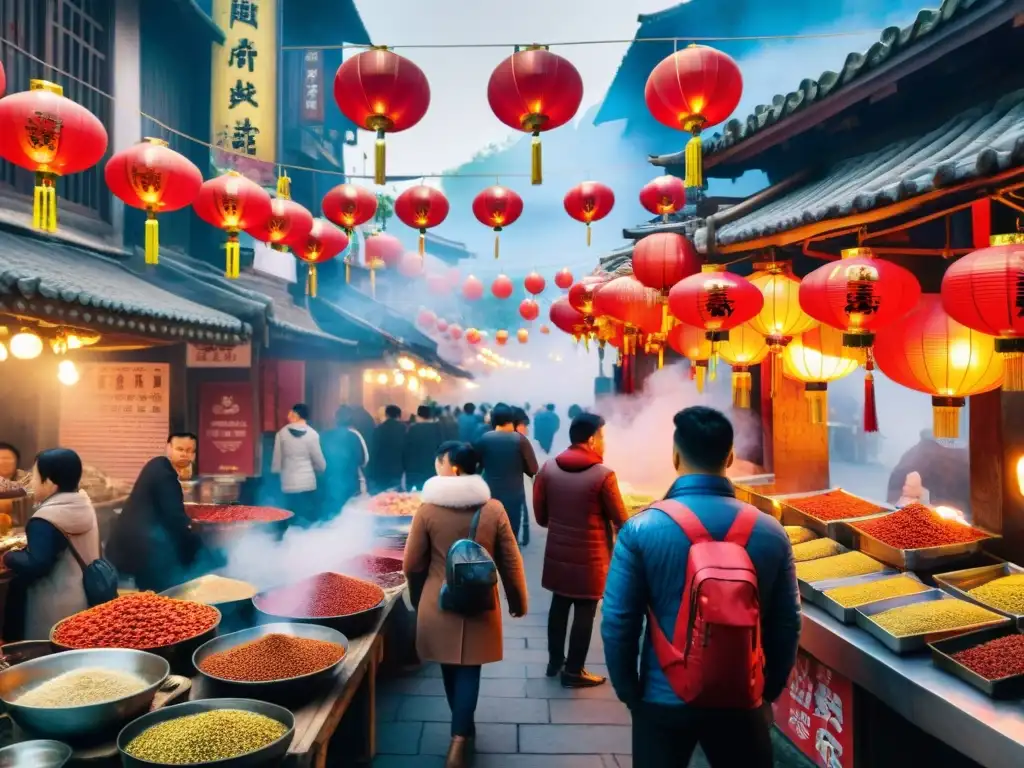 Un mercado callejero bullicioso en Sichuan, China, con linternas rojas vibrantes iluminando el ambiente