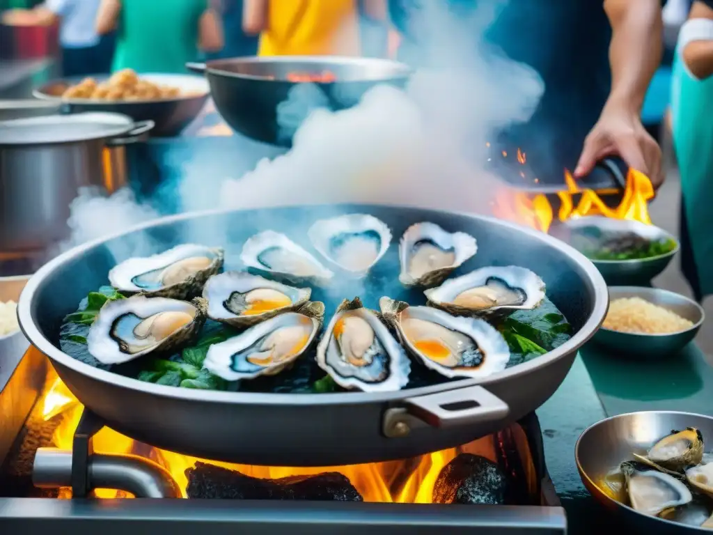 Un mercado callejero bullicioso en Singapur, donde un vendedor fríe ostras frescas en un wok humeante