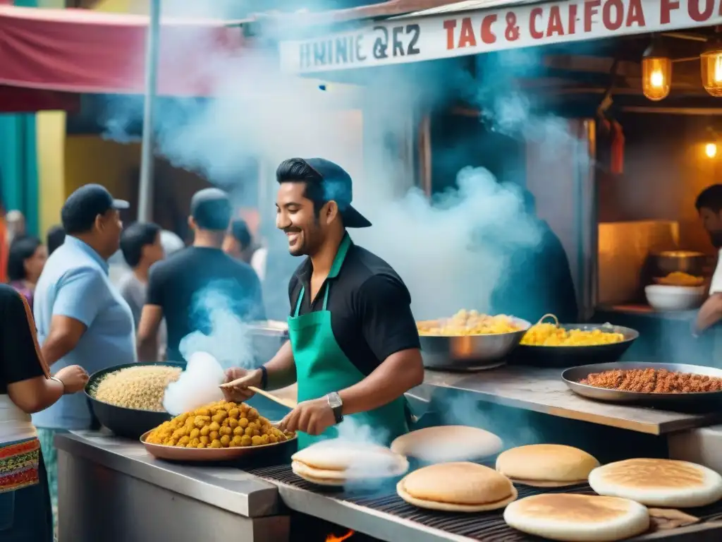 Mercado callejero bullicioso en una vibrante ciudad latinoamericana con puestos de comida coloridos