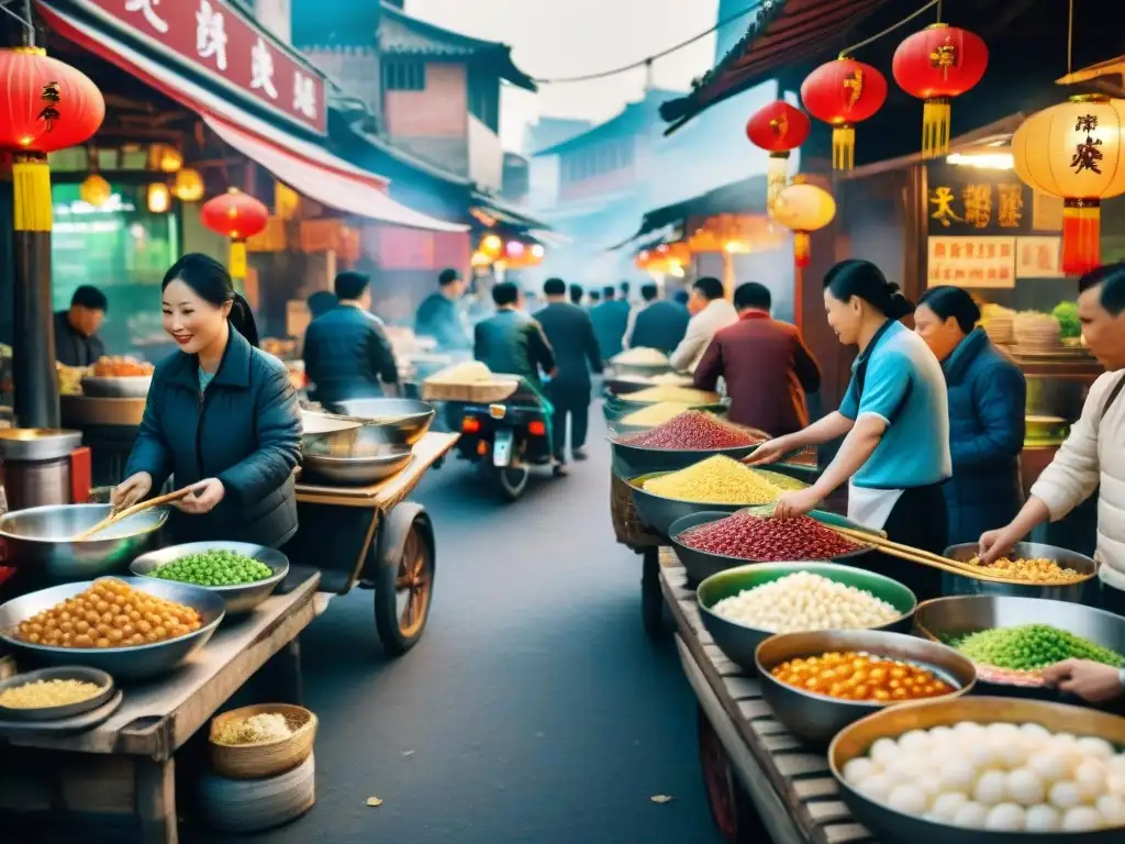 Un mercado callejero en China ofrece congee al amanecer, con verduras encurtidas, tofu frito y huevos