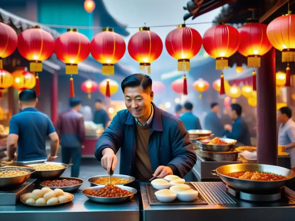 Un mercado callejero chino al amanecer con vendedores preparando Jianbing, redefiniendo el desayuno callejero global