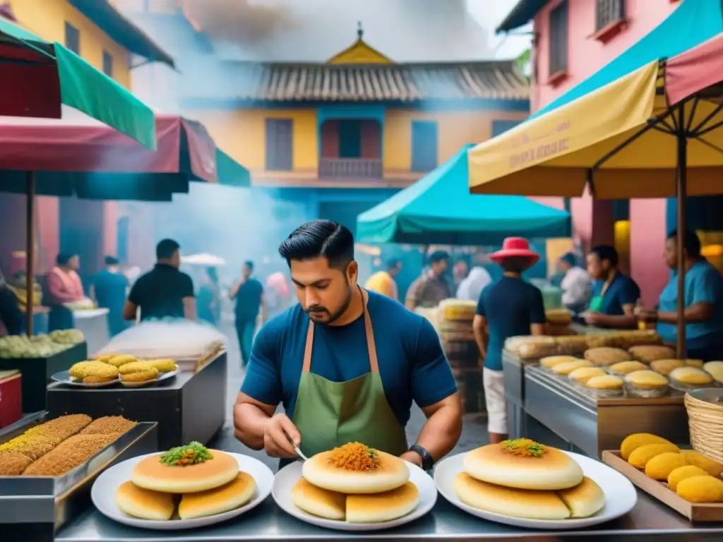 Un mercado callejero en América Latina con comida callejera gourmet y coloridos puestos de comida