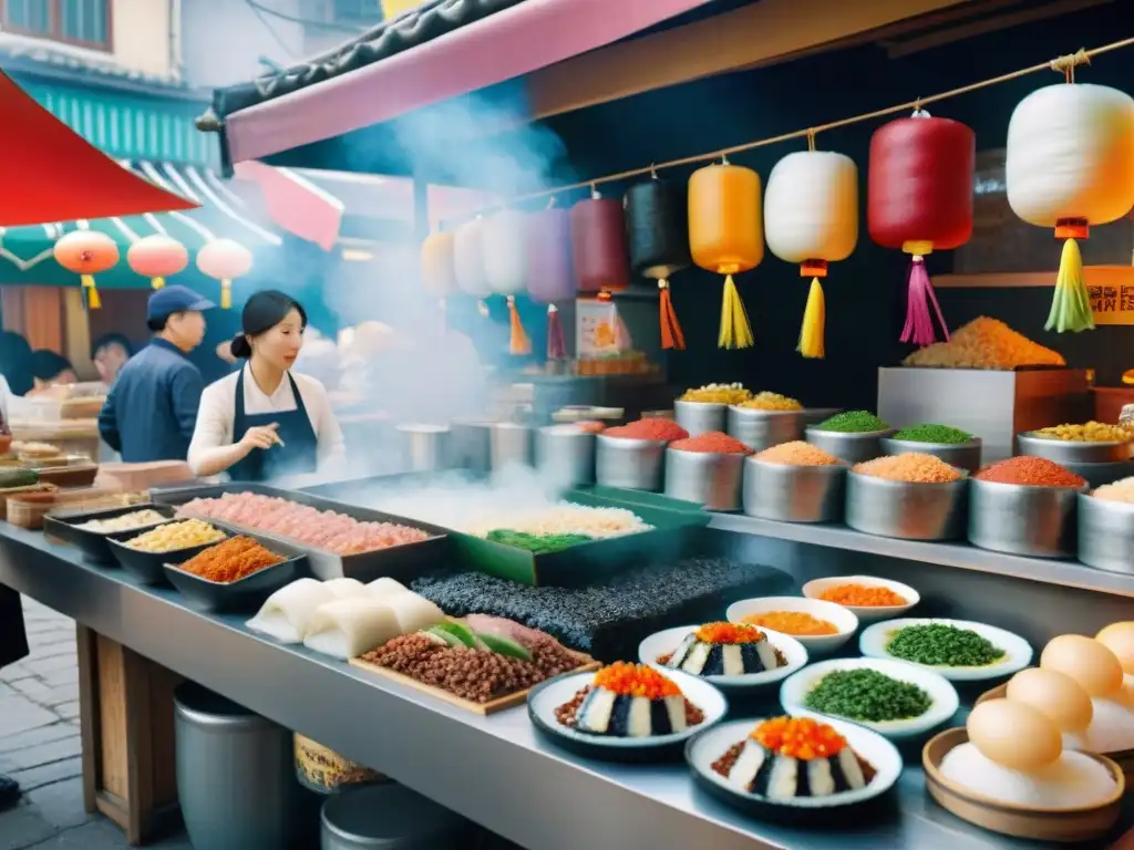 Un mercado callejero coreano bullicioso donde se prepara y sirve Kimbap fresco a clientes diversos, rodeado de ingredientes coloridos y vapor sizzling