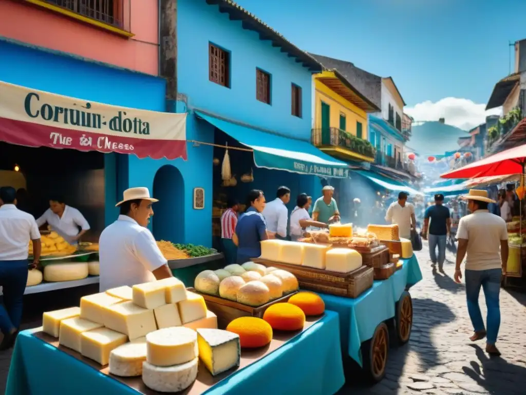 Mercado callejero en América Latina con quesos artesanales y comida tradicional, colores vibrantes y ambiente festivo