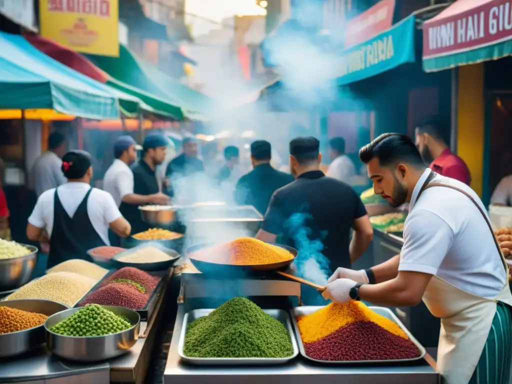 Un mercado callejero latino bullicioso con chefs callejeros latinos gourmet preparando platos coloridos y sabrosos