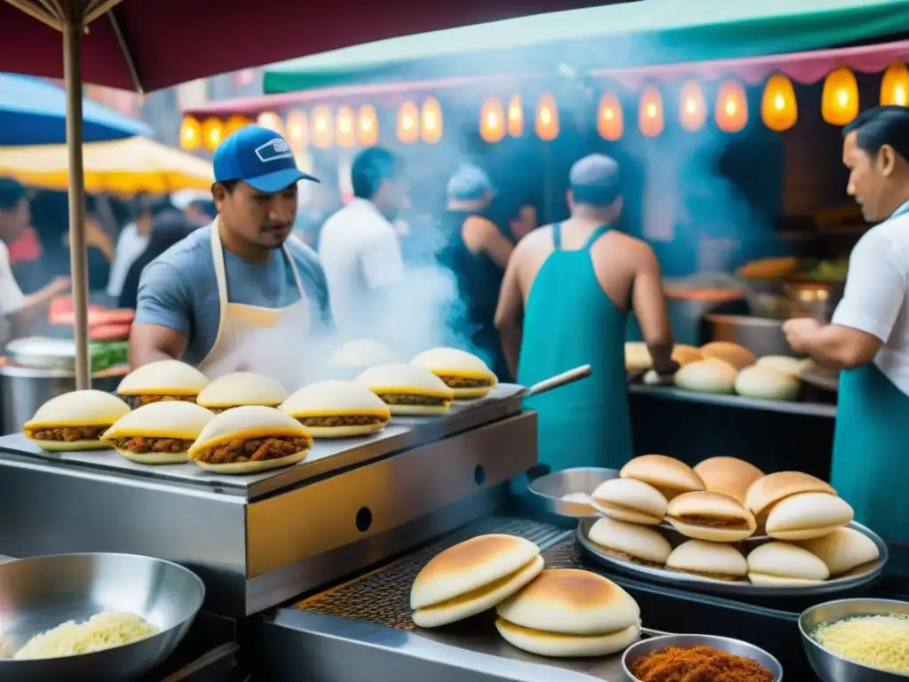 Un mercado callejero latino lleno de vida y color, donde se preparan delicias como arepas, tacos y empanadas