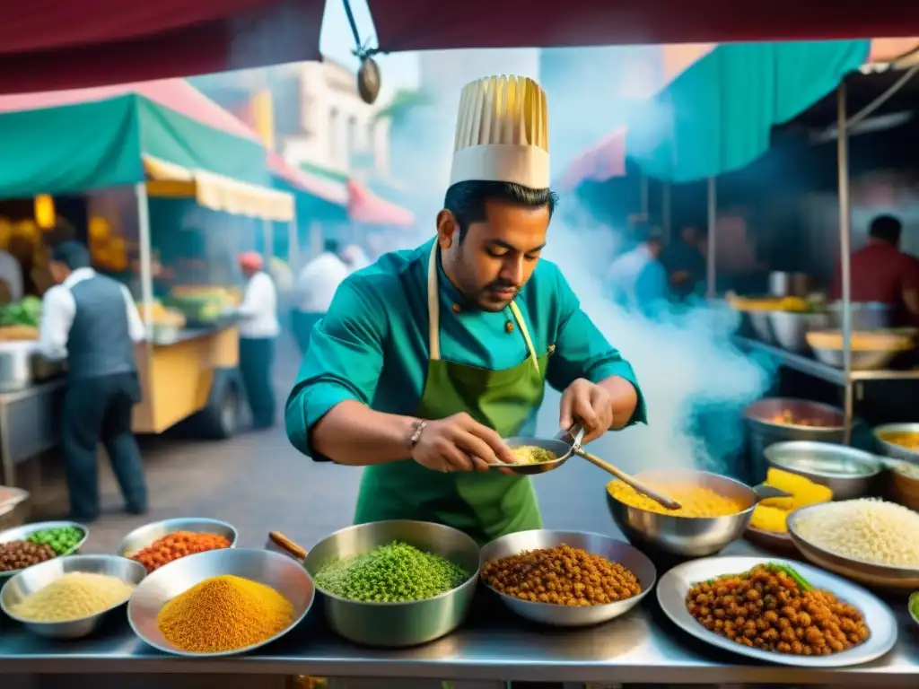 Un mercado callejero latino vibrante con chefs callejeros latinos gourmet preparando platos coloridos y detallados