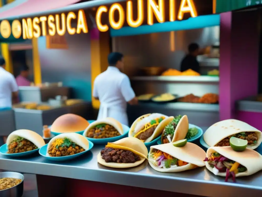 Mercado de Comida Callejera Latina: Sabores y Colores Un mercado callejero latino vibrante con comida tradicional y alta gastronomía en cada puesto, chefs expertos y clientes entusiasmados