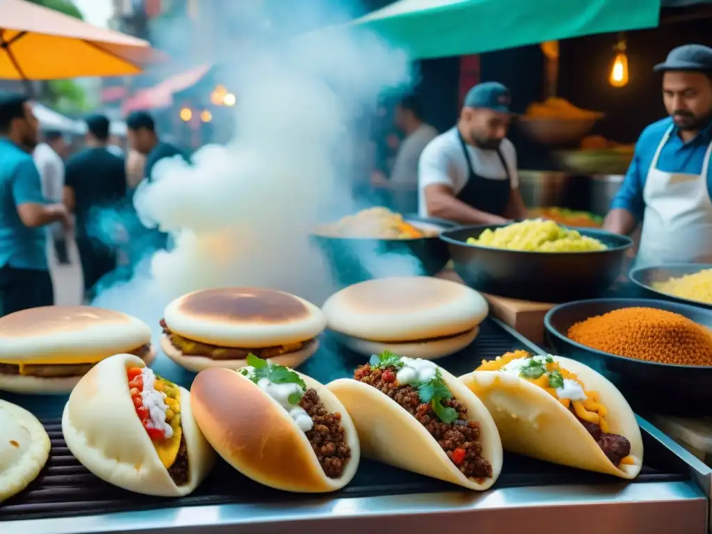 Un mercado callejero latino vibrante con platos callejeros latinos gourmet y clientes felices probándolos