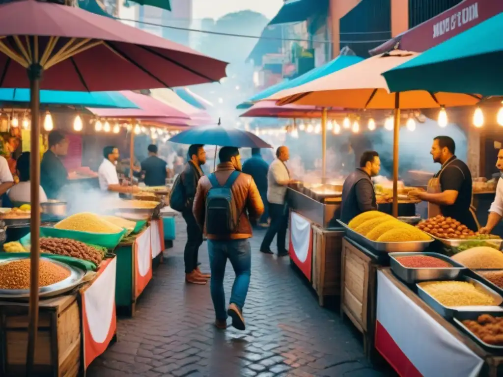 Un mercado callejero latinoamericano bullicioso con puestos de comida gourmet, vibrantes colores y una atmósfera auténtica