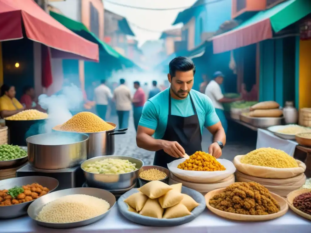 Un mercado callejero latinoamericano bullicioso, con vendedores y clientes disfrutando de antojitos tradicionales