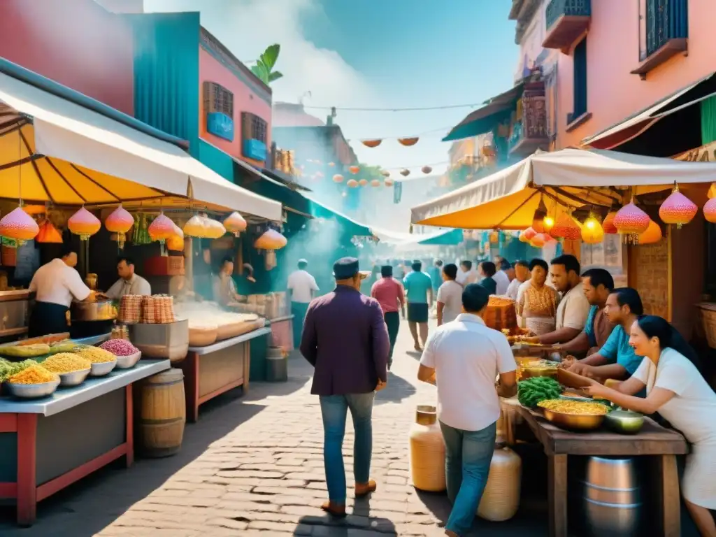 Mercado callejero latinoamericano con comida colorida y bebidas artesanales