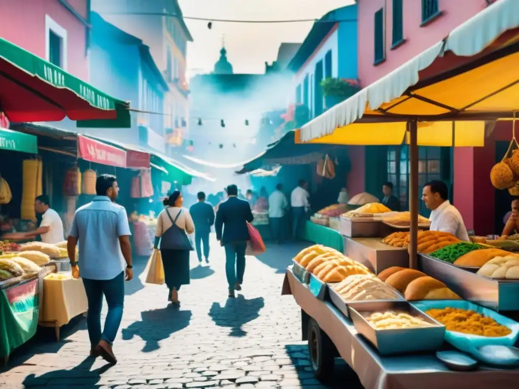 Un mercado callejero latinoamericano vibrante con puestos de comida colorida y gente disfrutando, iluminado por cálida luz solar