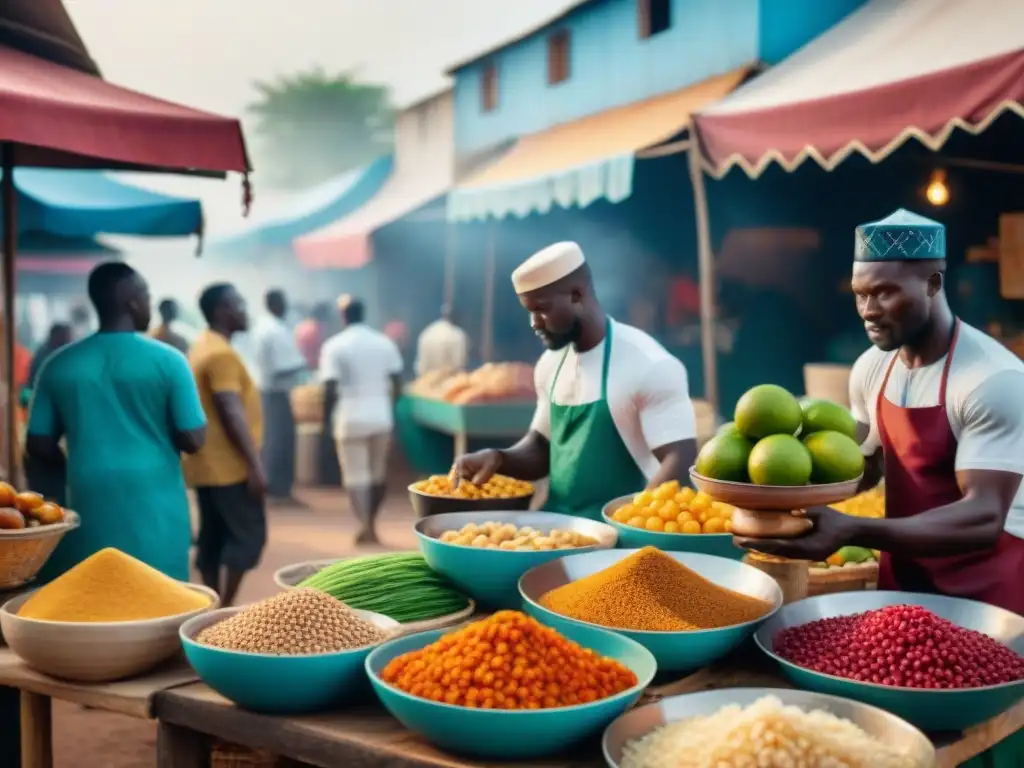 Un mercado callejero en Ghana con platos imperdibles de la cocina local bajo la cálida luz del atardecer