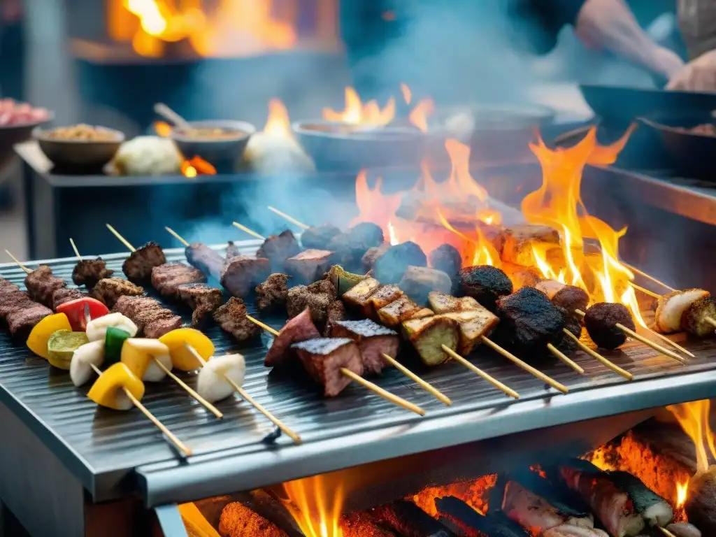 Un mercado callejero turco bullicioso al anochecer, con vendedores de kebab turco tradicional preparando la cena a la parrilla