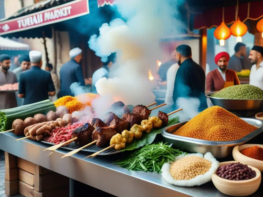 Un mercado callejero turco bullicioso con ingredientes frescos y coloridos para kebabs