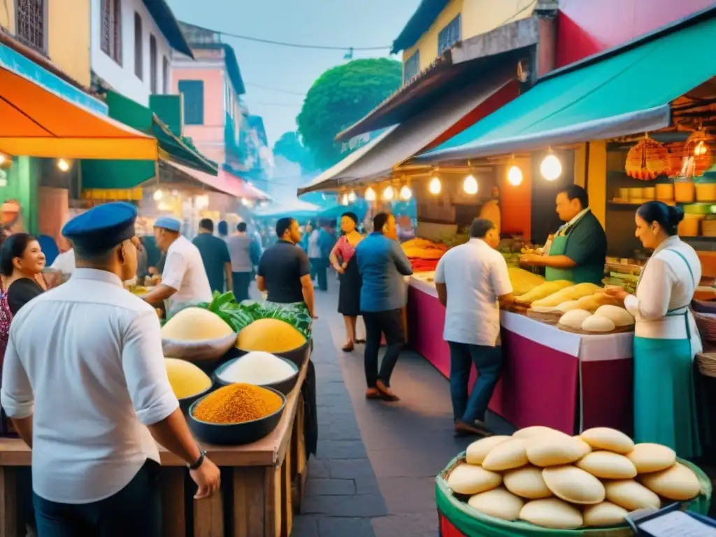 Un mercado callejero vibrante en una bulliciosa ciudad latinoamericana, mostrando variados puestos de comida colorida y chefs preparando platillos gourmet como arepas, ceviche, tacos y empanadas