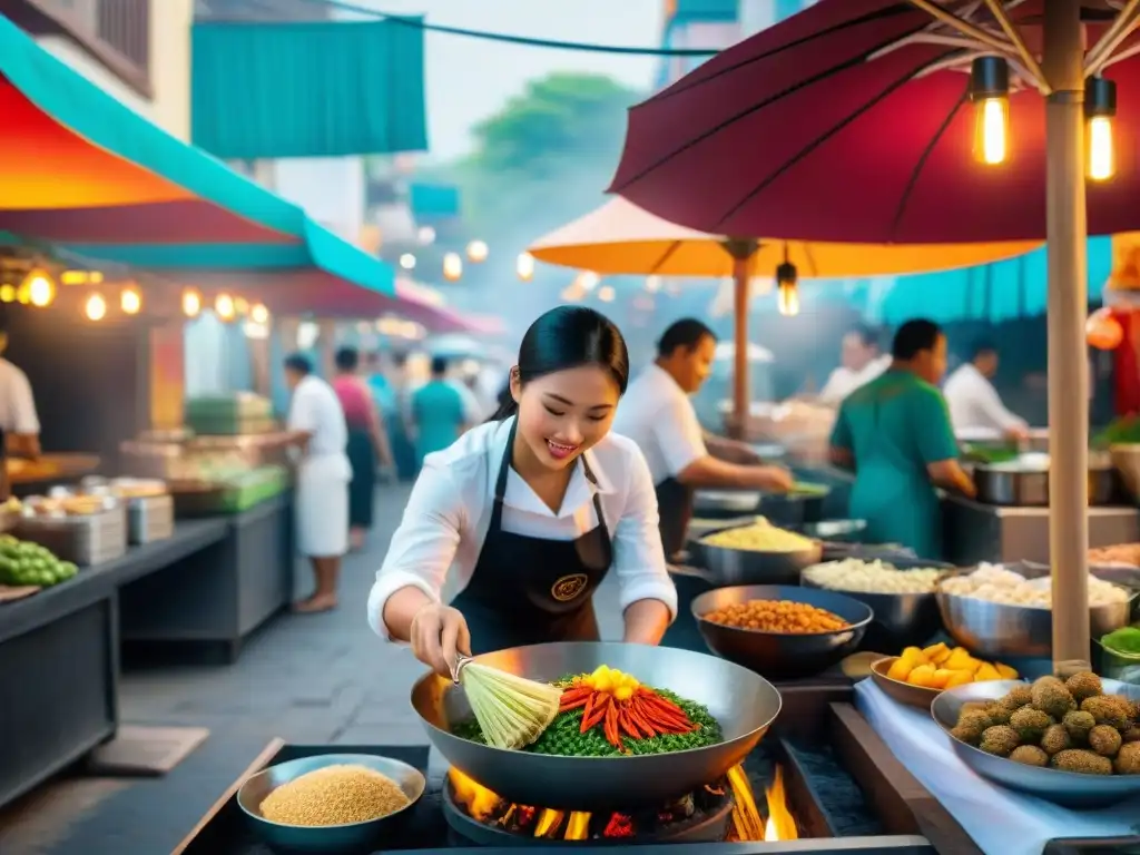 Un mercado callejero vibrante y bullicioso en Tailandia, con frutas y especias exóticas, chefs locales, turistas curiosos y puestos de comida