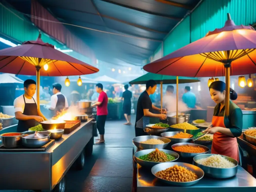 Un mercado callejero vibrante y bullicioso en Bangkok, Tailandia