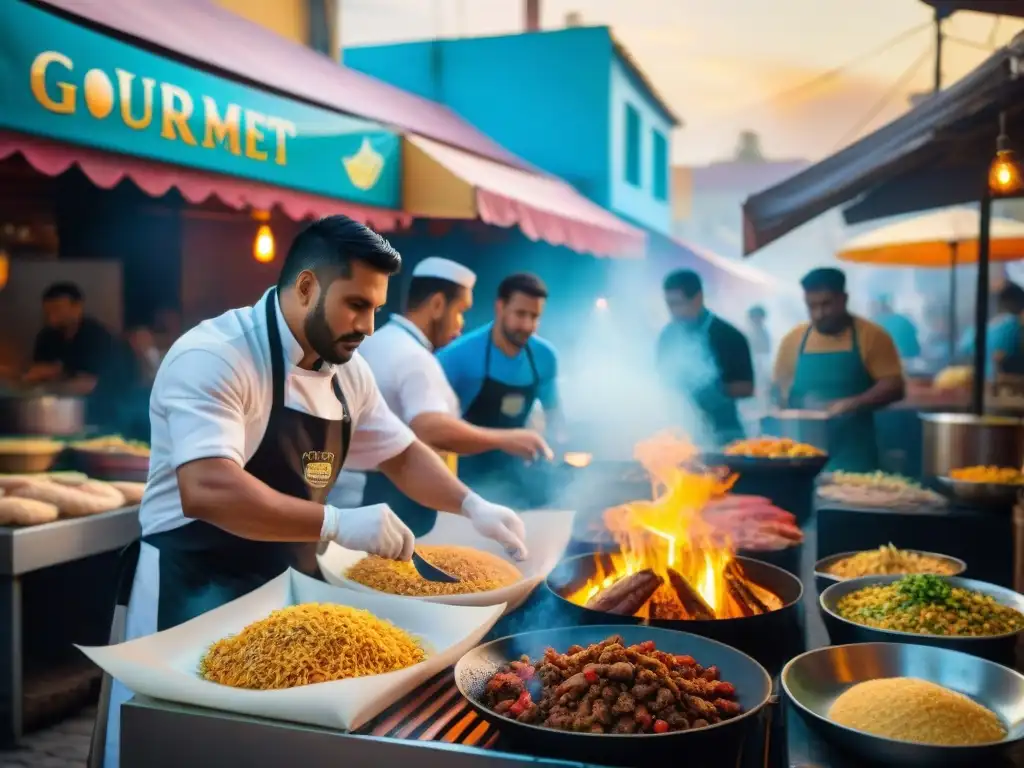 Un mercado callejero vibrante en Latinoamérica con chefs callejeros latinos gourmet, creando delicias bajo un atardecer dorado