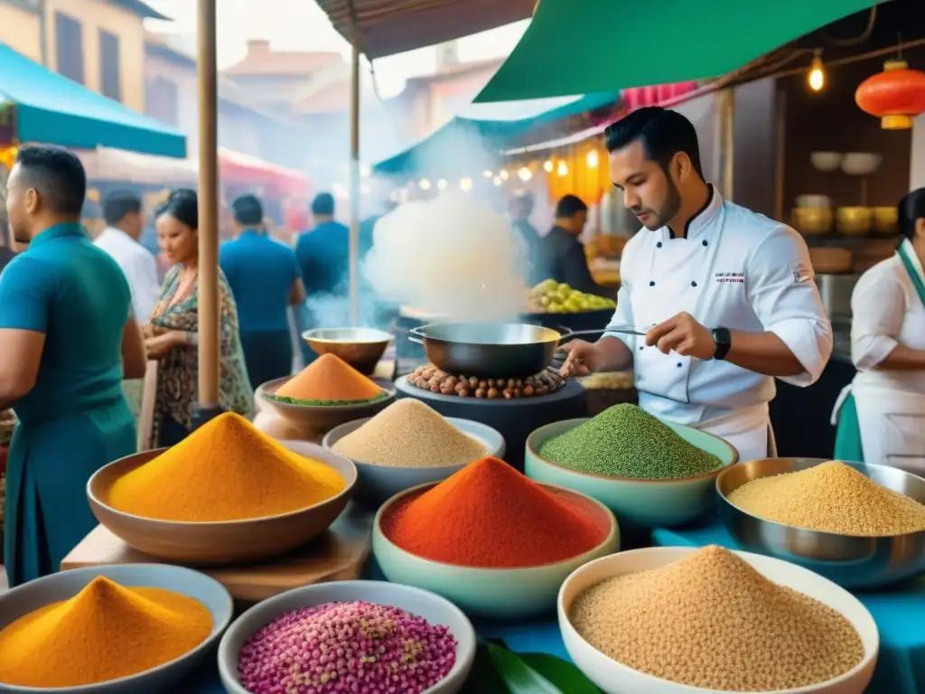 Un mercado callejero vibrante en una ciudad sudamericana, fusionando culturas culinarias