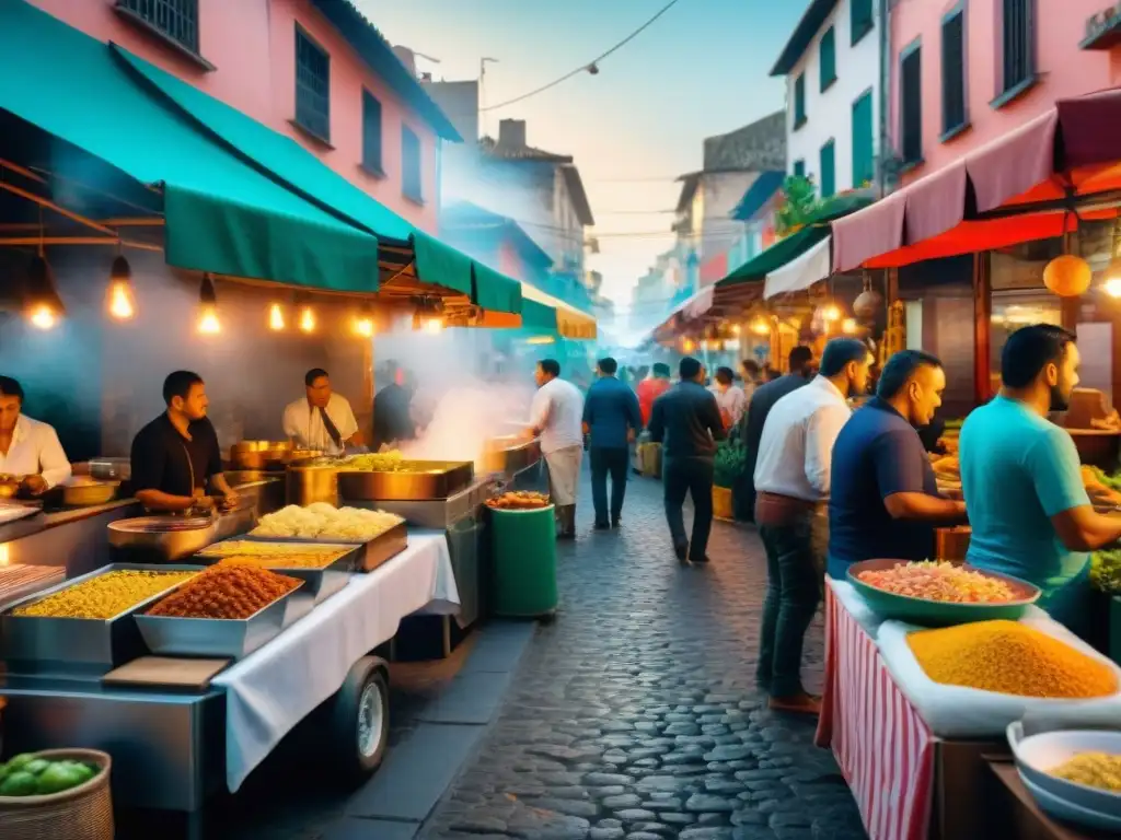 Un mercado callejero vibrante de América Latina con comida callejera gourmet y chefs preparando platos coloridos