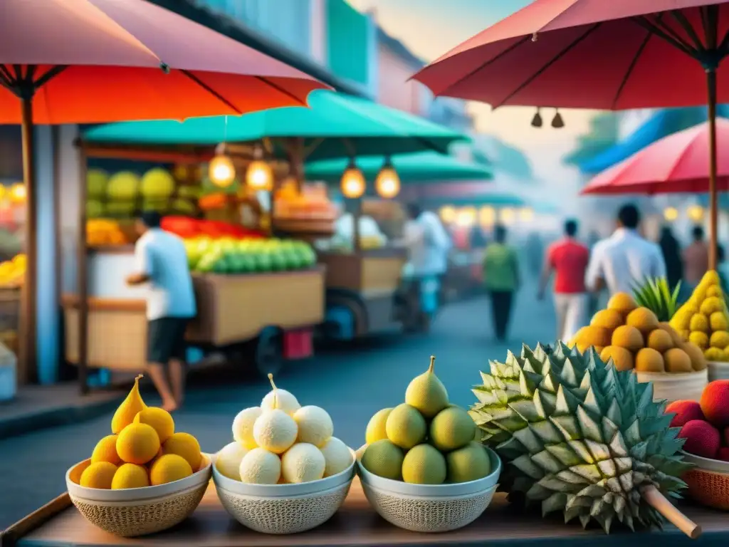 Un mercado callejero vibrante en Tailandia con helados exóticos sabores increíbles, locales y turistas bajo sombrillas coloridas al atardecer